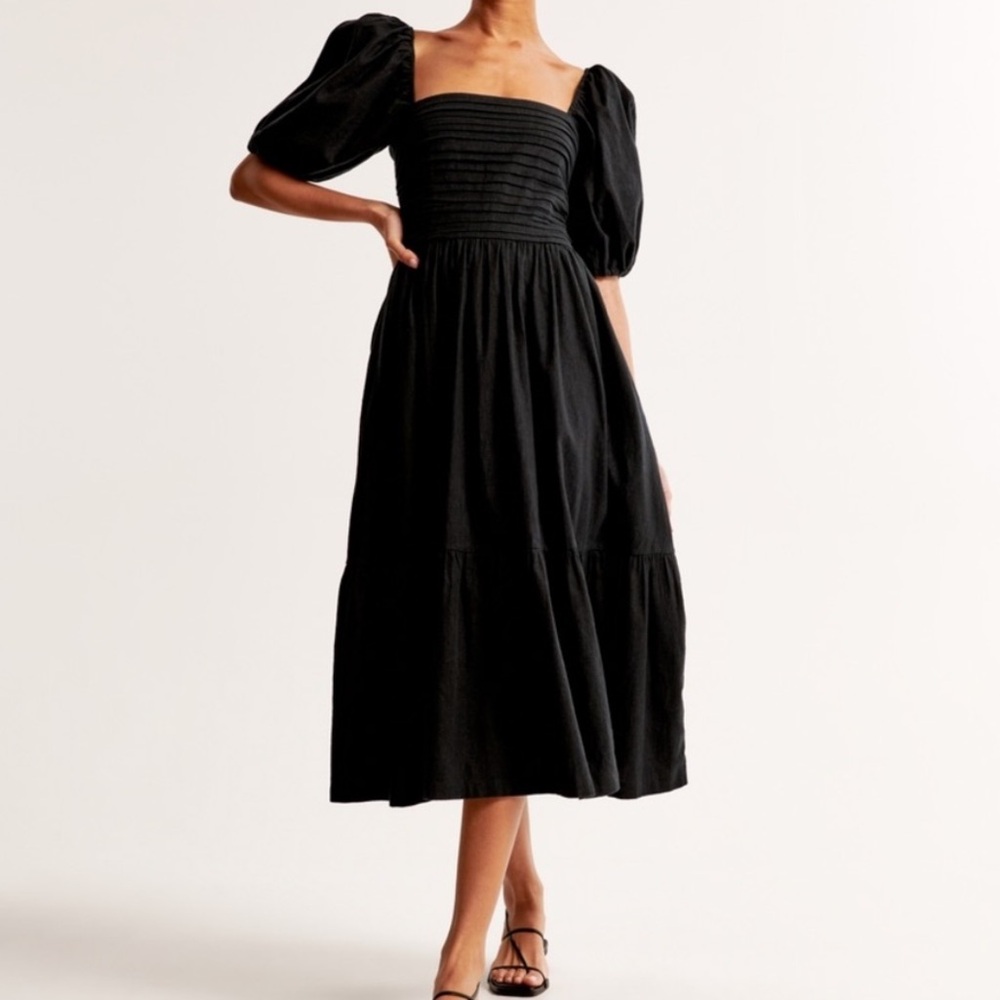 Abercrombie & Fitch Linen Blend Puff Sleeve Black Midi Dress Sz Medium